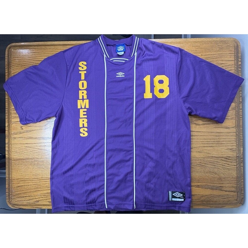 Vintage Umbro Stormers Soccer Jersey Men Large Purple Yellow Pinstripe Kit 18